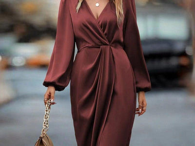 Temperament Pure Color Waist-tight Split V-neck Dress Women - SALE LIKE LUXURY