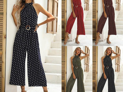 women comfortable cloth Summer Belted Polka-dot Halterneck Suspender Wide-leg Black Jumpsuit - SALE LIKE LUXURY